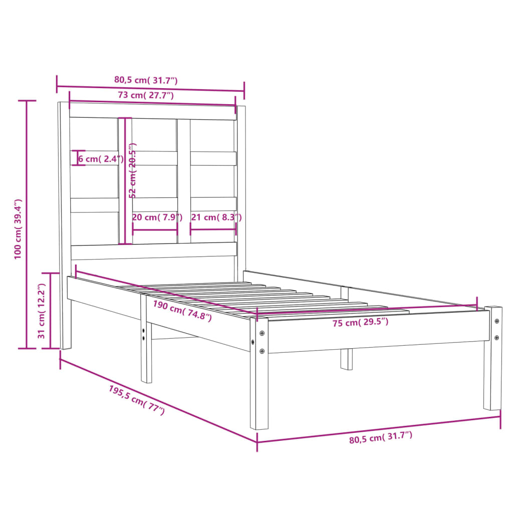 Bed Frame White Solid Wood 75x190 cm Small Single