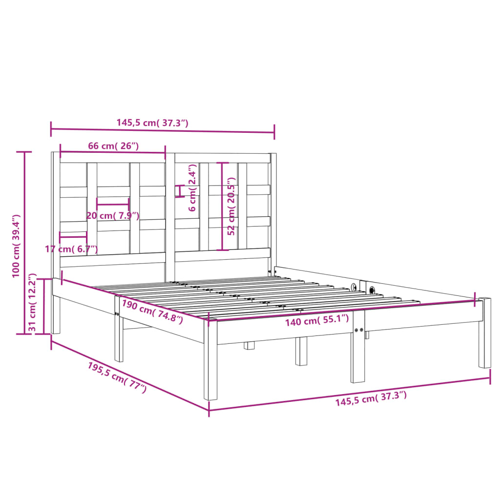 Bed Frame Black Solid Wood 140x190 cm