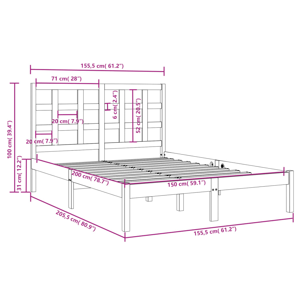 Bed Frame without Mattress 150x200 cm King Size Solid Wood