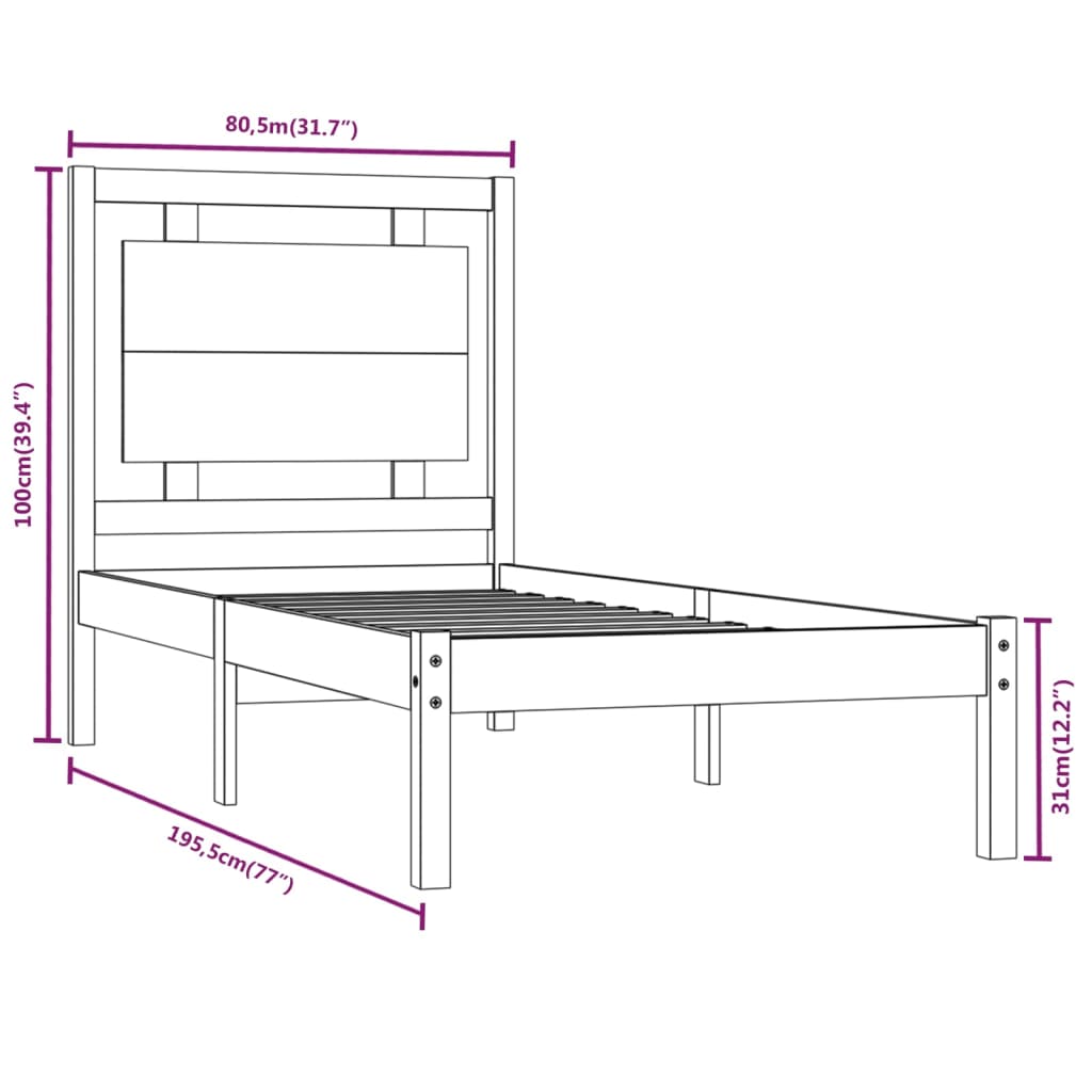 Bed Frame White Solid Wood 75x190 cm Small Single