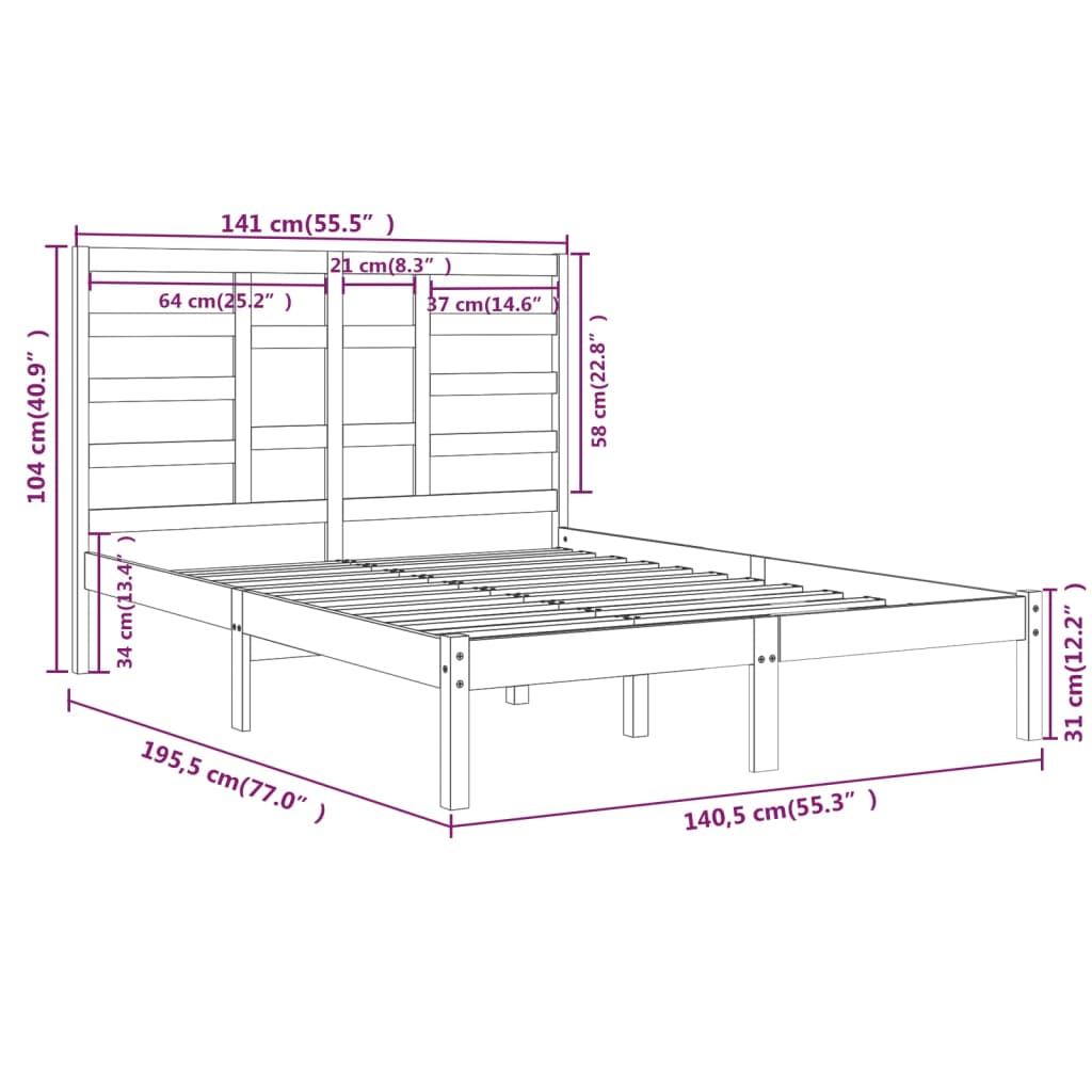 Bed Frame Grey Solid Wood 135x190 cm Double