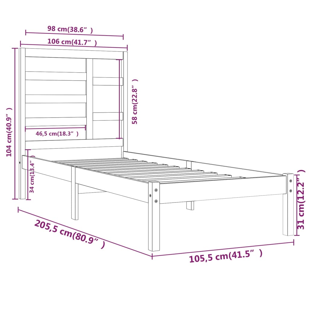 Bed Frame White Solid Wood 100x200 cm