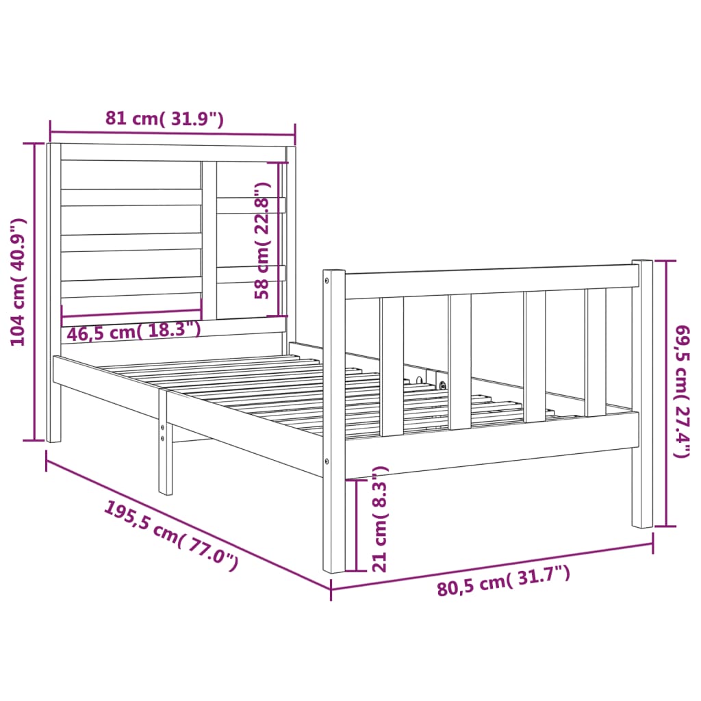 Bed Frame Solid Wood 75x190 cm Small Single