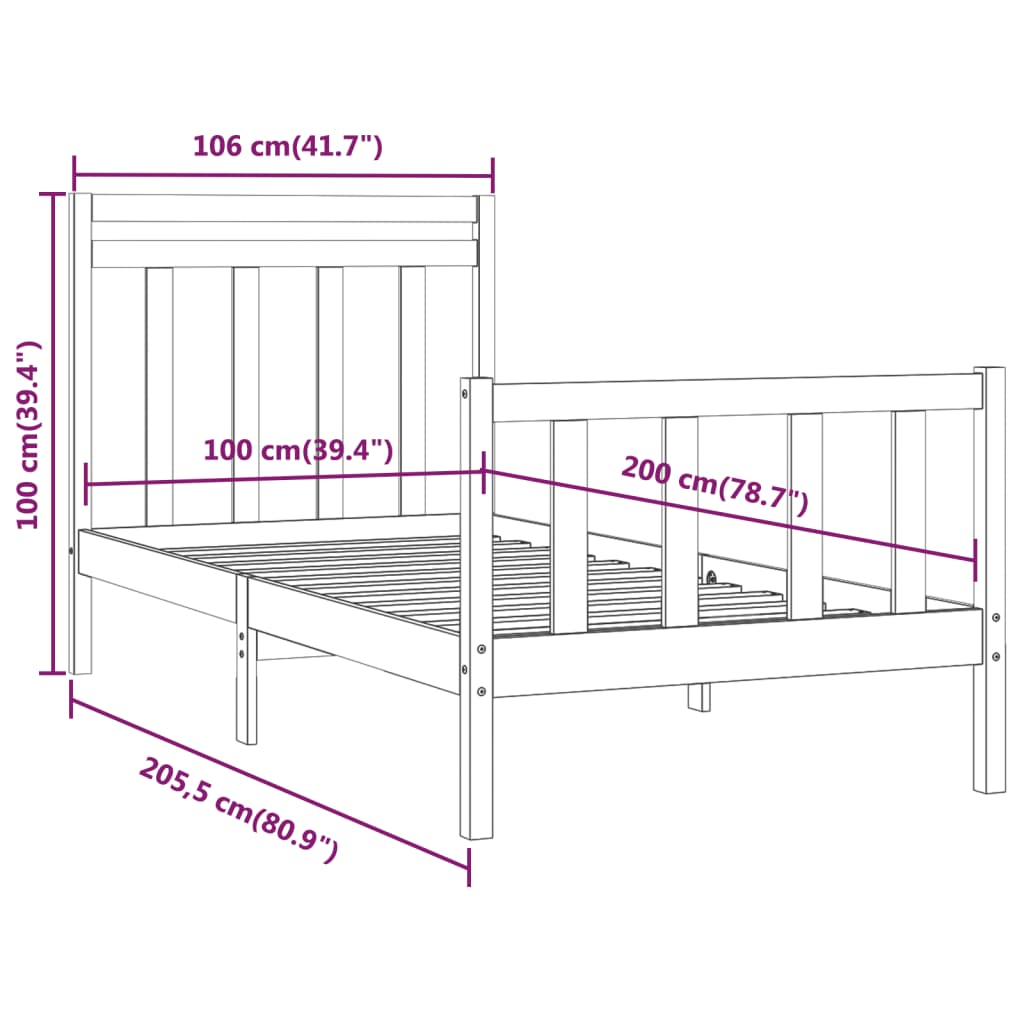 Bed Frame White Solid Wood Pine 100x200 cm