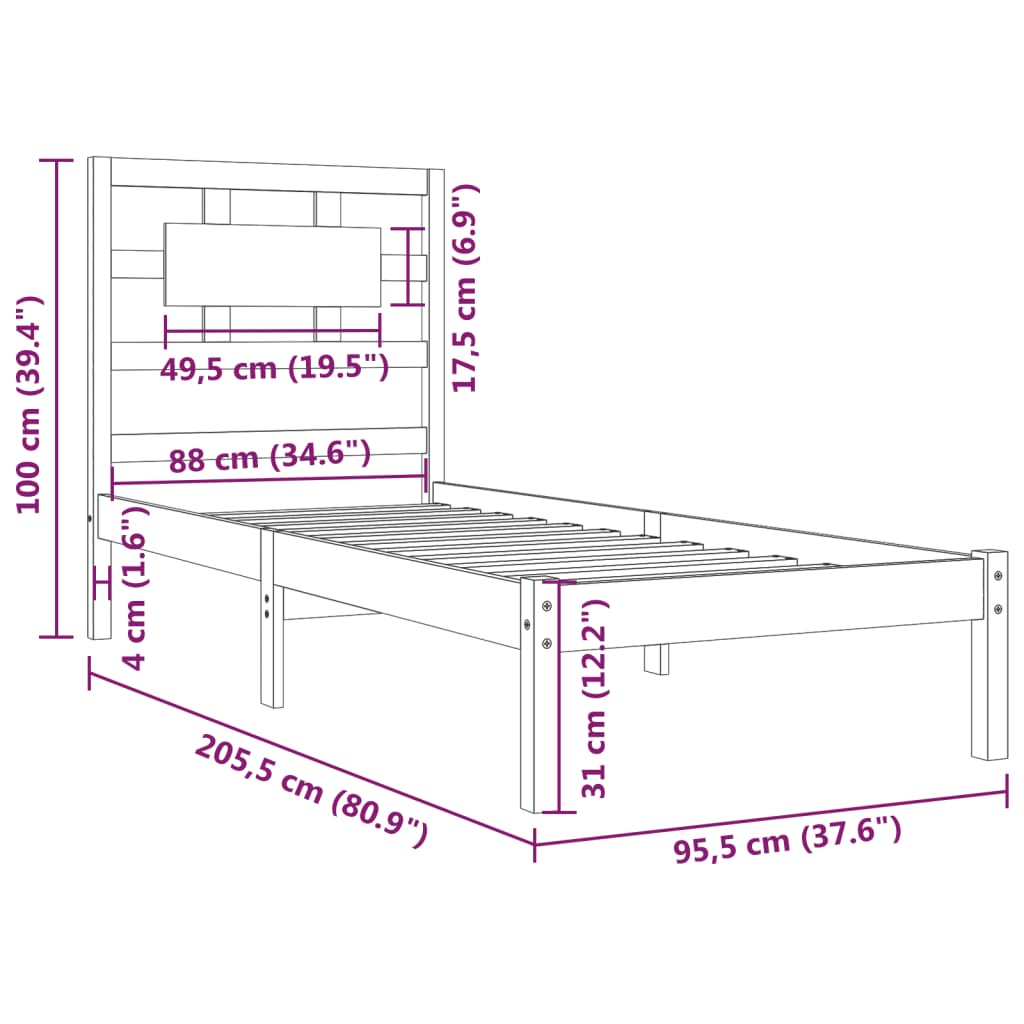 Bed Frame White Solid Wood Pine 90x200 cm