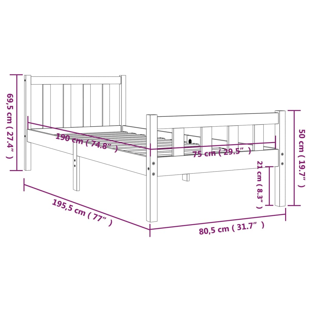 Bed Frame Solid Wood 75x190 cm Small Single