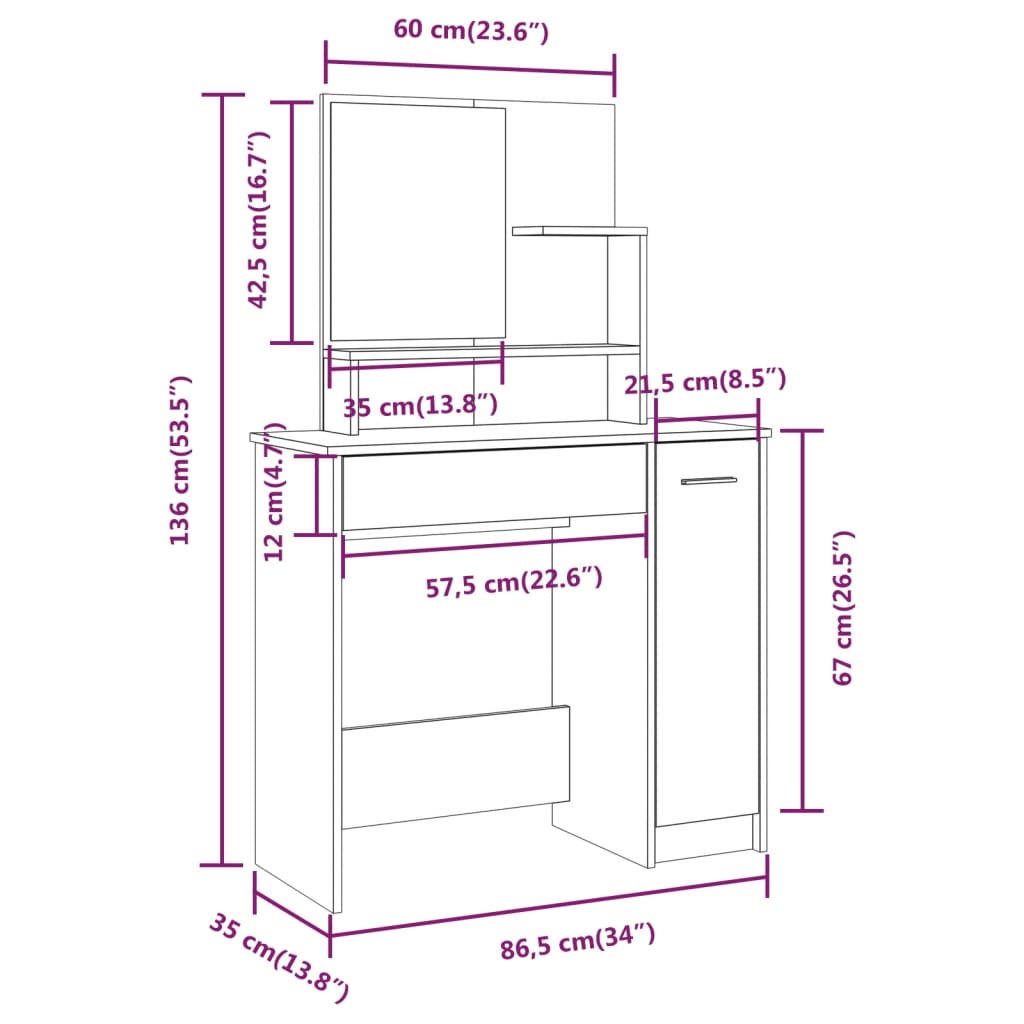 Dressing Table with Mirror White 86.5x35x136 cm