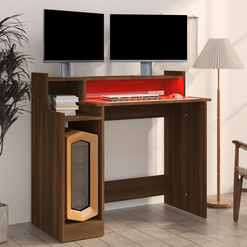 Desk with LED Lights Brown Oak 97x45x90 cm Engineered Wood