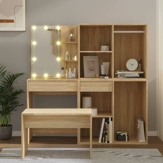 Dressing Table Set with LED Sonoma Oak Engineered Wood