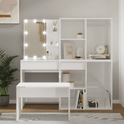 Dressing Table Set with LED High Gloss White Engineered Wood