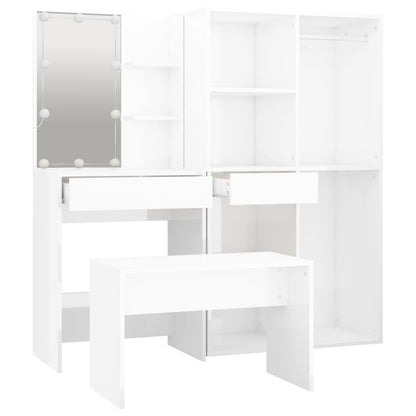 Dressing Table Set with LED High Gloss White Engineered Wood