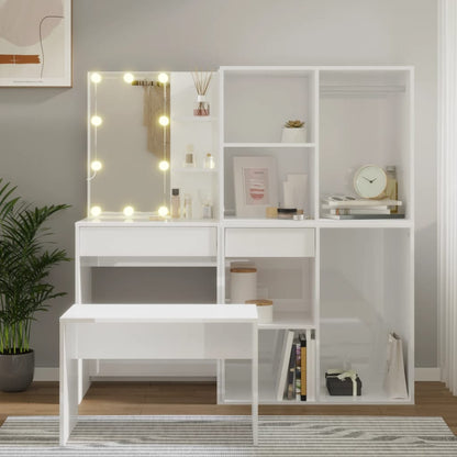 Dressing Table Set with LED High Gloss White Engineered Wood