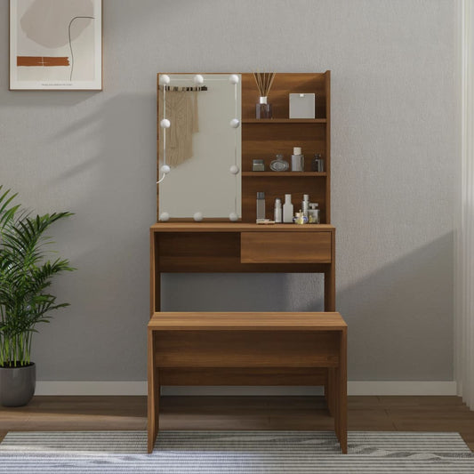 Dressing Table Set with LED Brown Oak Engineered Wood