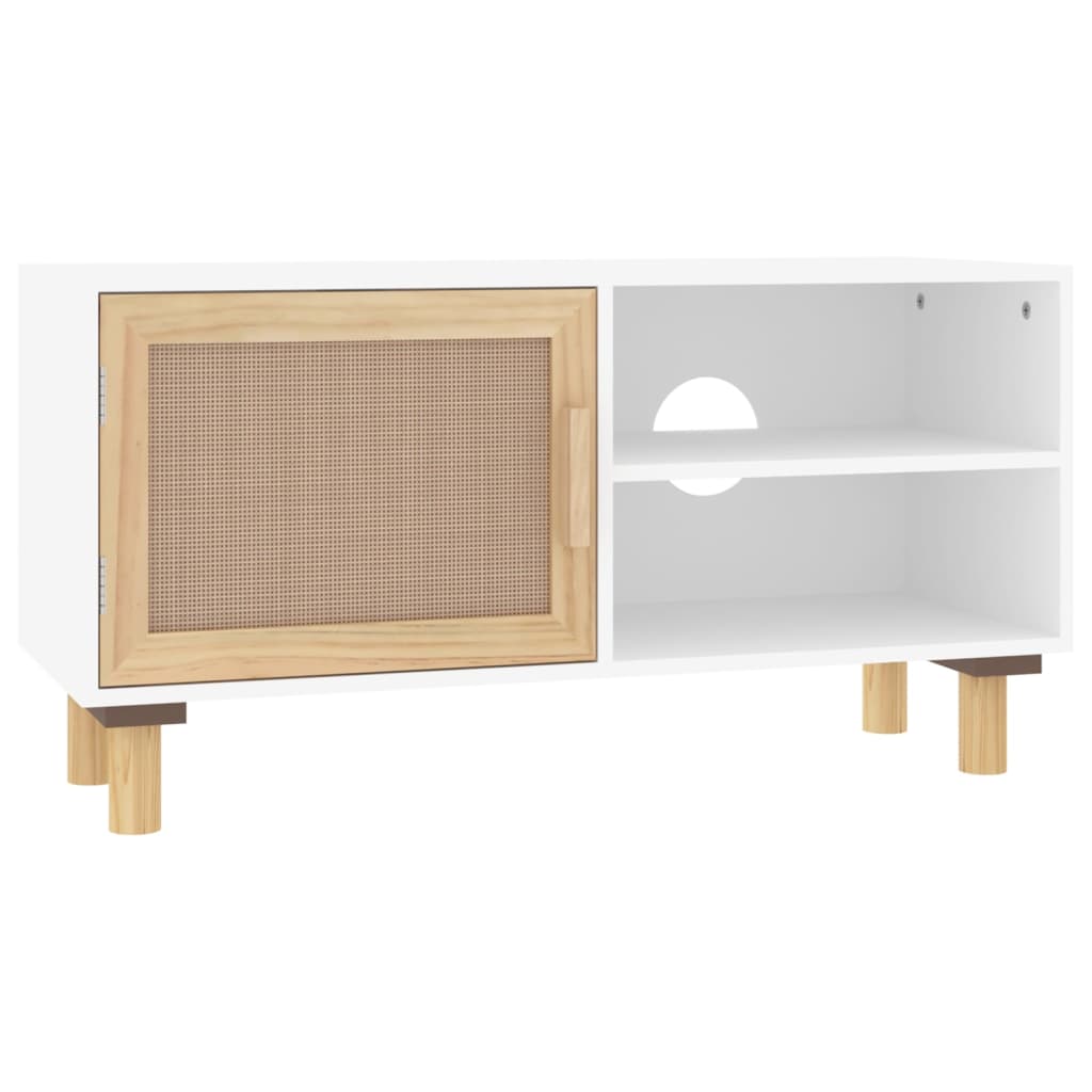 TV Cabinet White 80x30x40 cm Solid Wood Pine and Natural Rattan