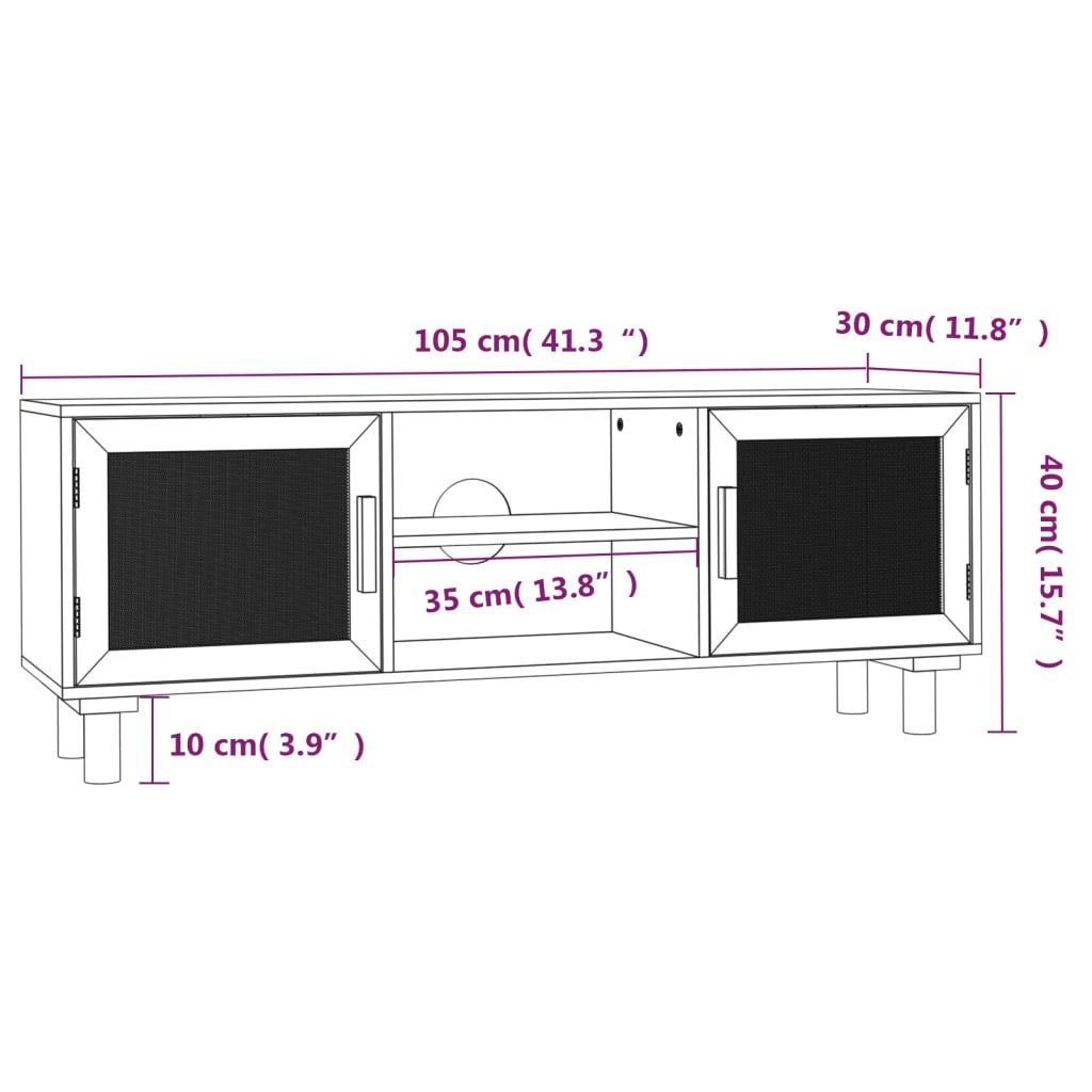 TV Cabinet White 105x30x40 cm Solid Wood Pine&Natural Rattan