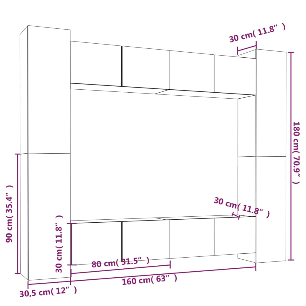 8 Piece TV Cabinet Set White Engineered Wood