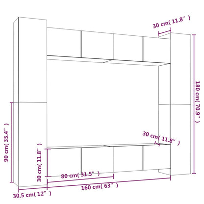 8 Piece TV Cabinet Set White Engineered Wood