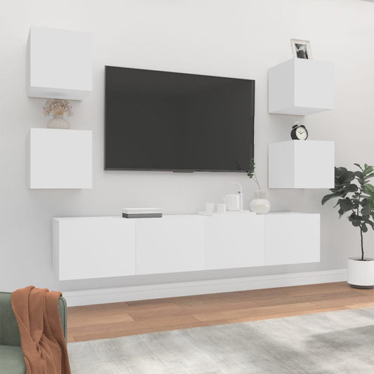 6 Piece TV Cabinet Set White Engineered Wood