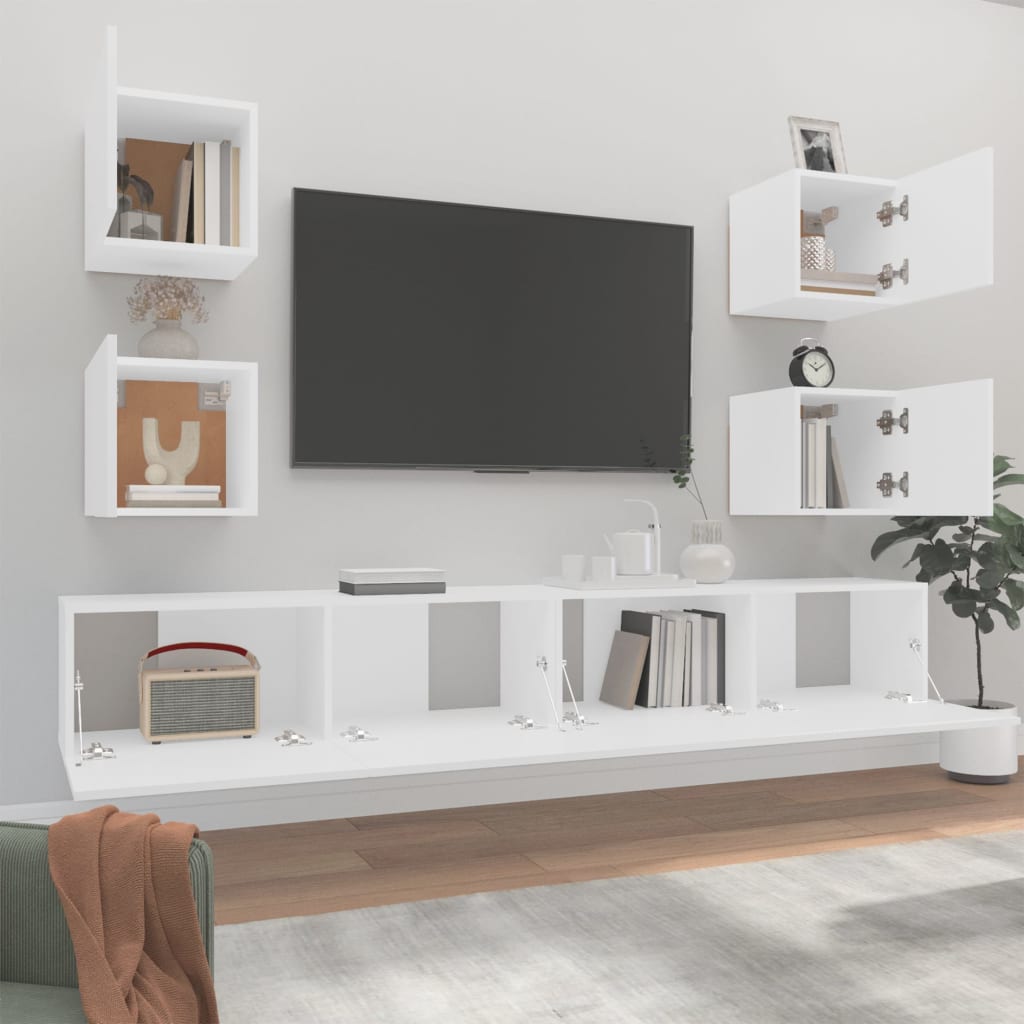 6 Piece TV Cabinet Set White Engineered Wood