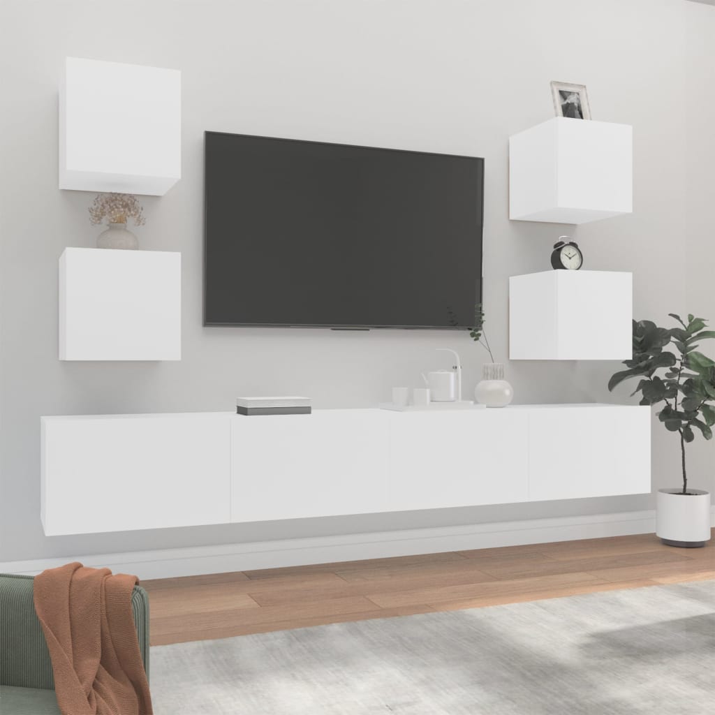 6 Piece TV Cabinet Set White Engineered Wood