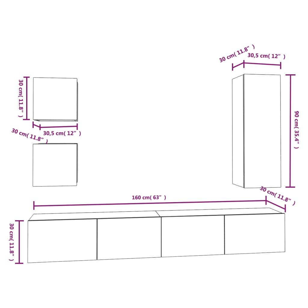 5 Piece TV Cabinet Set White Engineered Wood