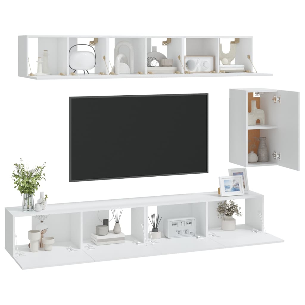 6 Piece TV Cabinet Set White Engineered Wood