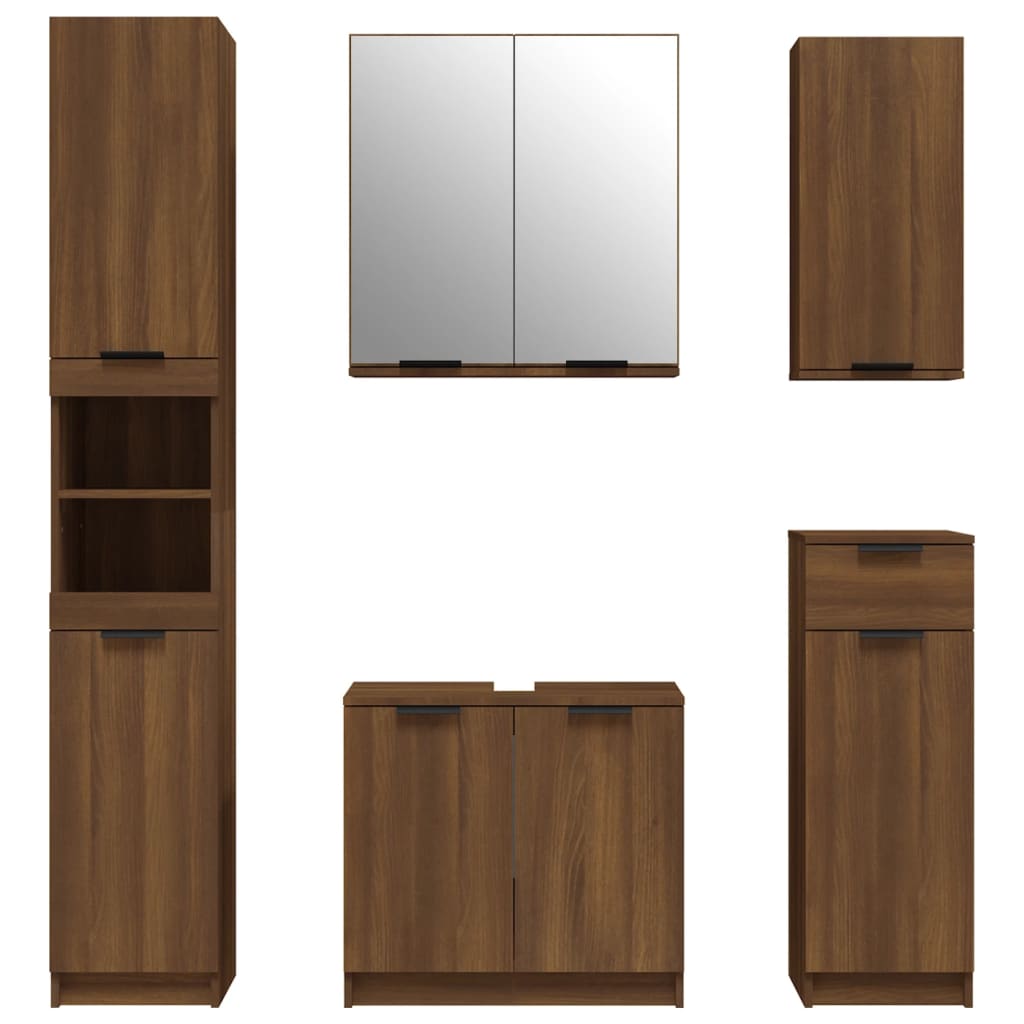 5 Piece Bathroom Cabinet Set Brown Oak Engineered Wood