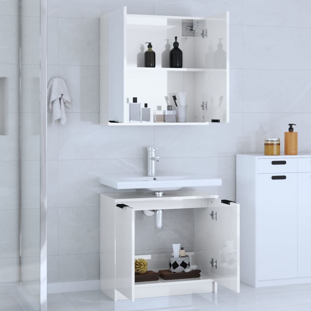 2 Piece Bathroom Cabinet Set High Gloss White Engineered Wood