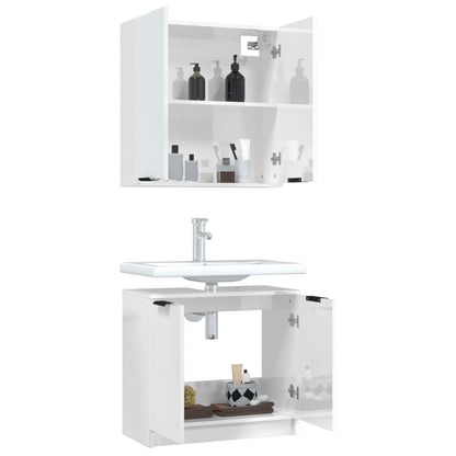 2 Piece Bathroom Cabinet Set High Gloss White Engineered Wood