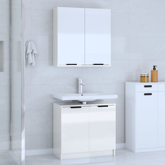 2 Piece Bathroom Cabinet Set High Gloss White Engineered Wood