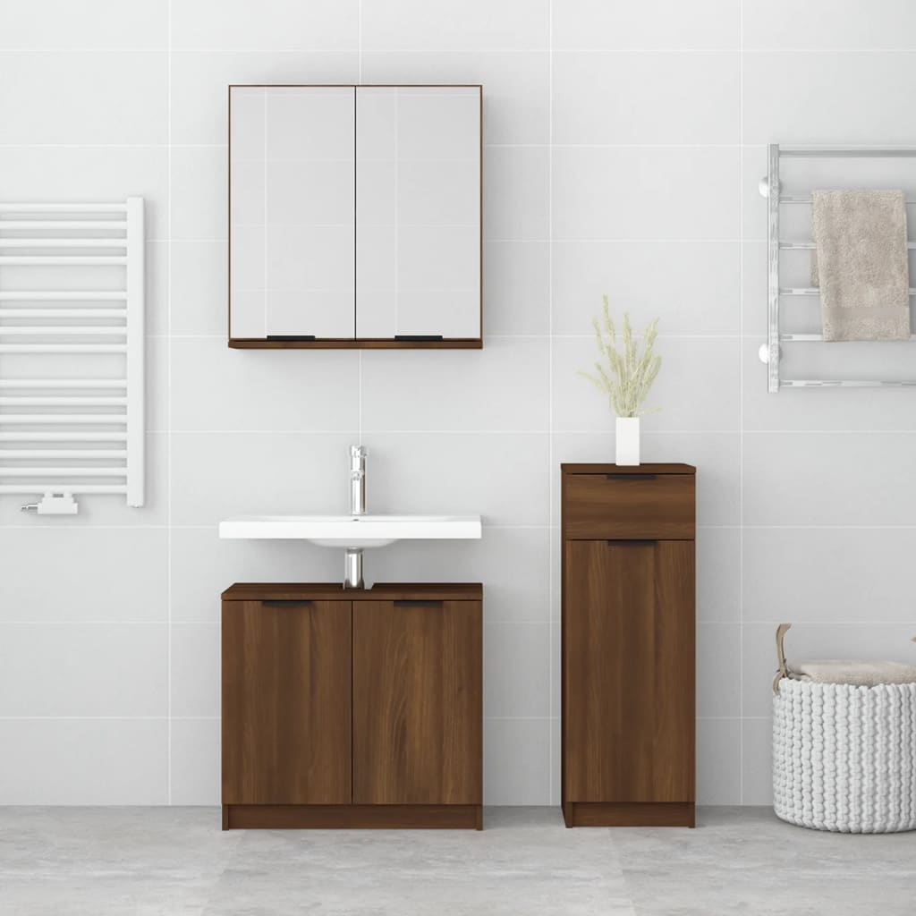 3 Piece Bathroom Cabinet Set Brown Oak Engineered Wood