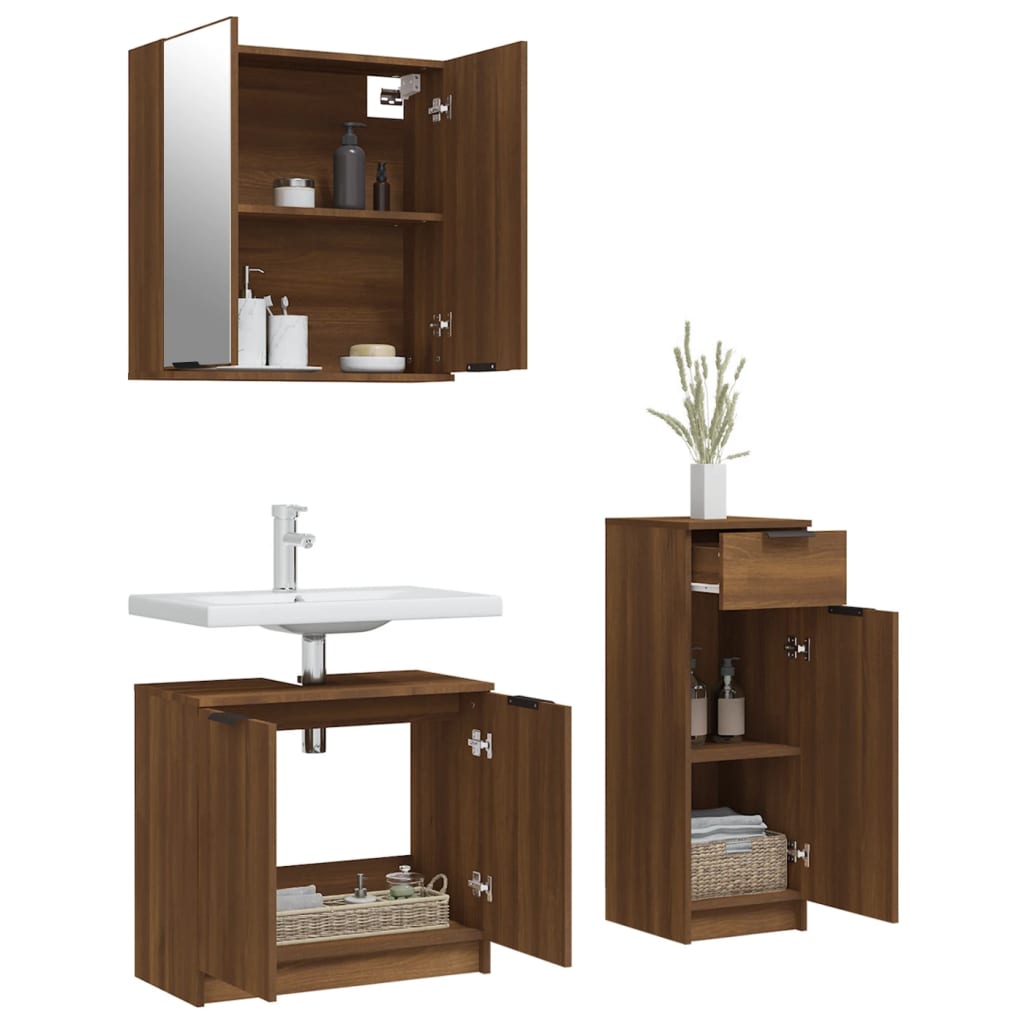 3 Piece Bathroom Cabinet Set Brown Oak Engineered Wood