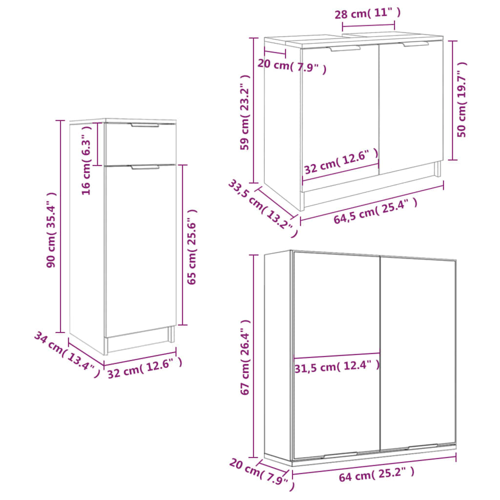 3 Piece Bathroom Cabinet Set Brown Oak Engineered Wood