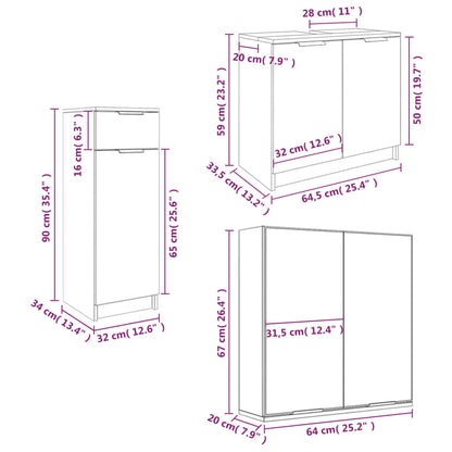 3 Piece Bathroom Cabinet Set Brown Oak Engineered Wood