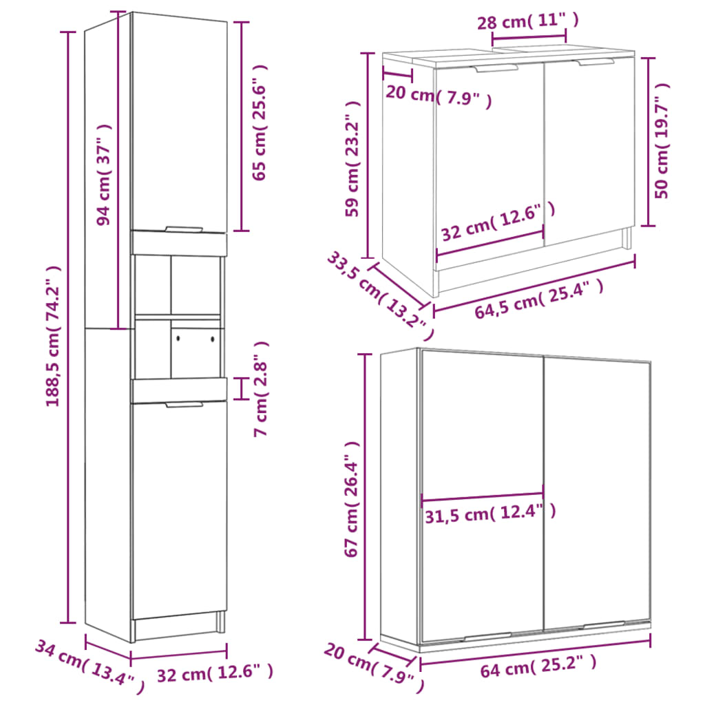 3 Piece Bathroom Cabinet Set White Engineered Wood