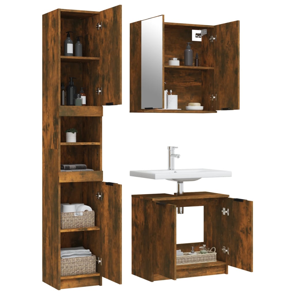 3 Piece Bathroom Cabinet Set Smoked Oak Engineered Wood