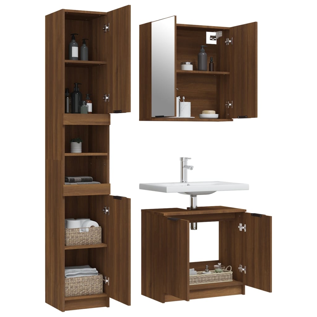 3 Piece Bathroom Cabinet Set Brown Oak Engineered Wood