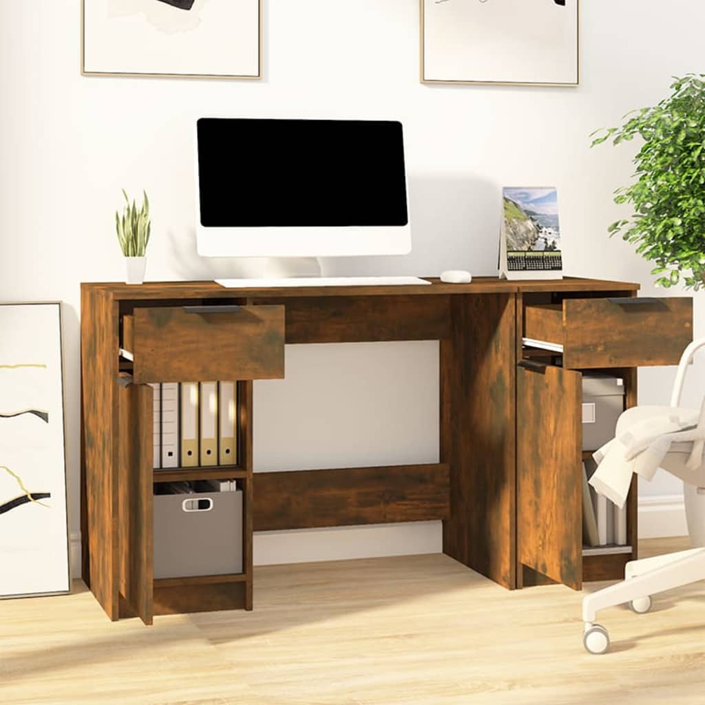 Desk with Side Cabinet Smoked Oak Engineered Wood