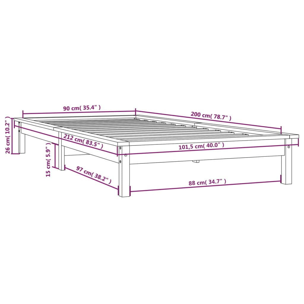 Bed Frame Black 90x200 cm Solid Wood Pine