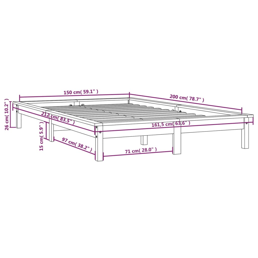 Bed Frame 150x200 cm King Size Solid Wood Pine