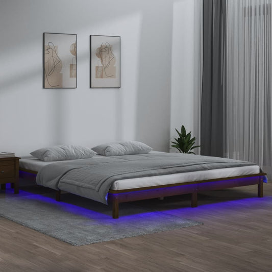 LED Bed Frame Honey Brown 200x200 cm Solid Wood