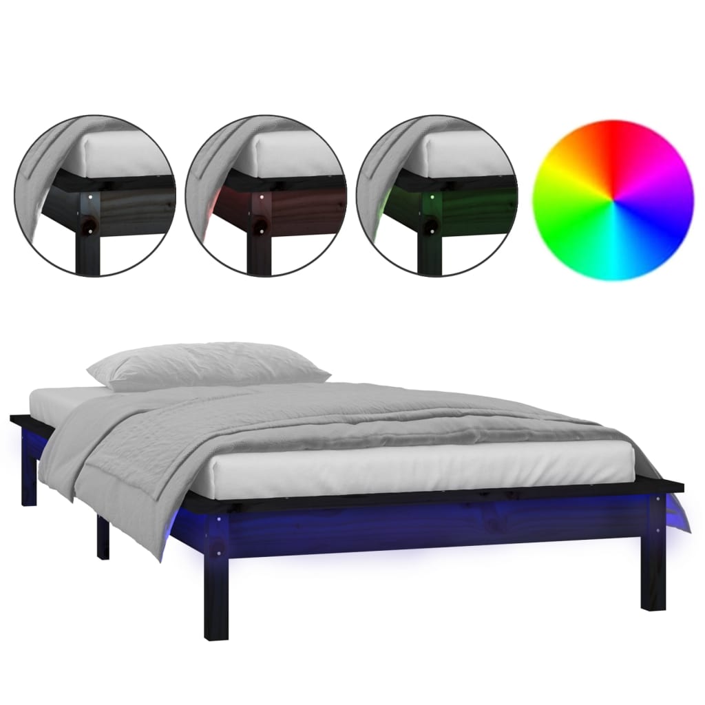 LED Bed Frame Black 90x190 cm Single Solid Wood