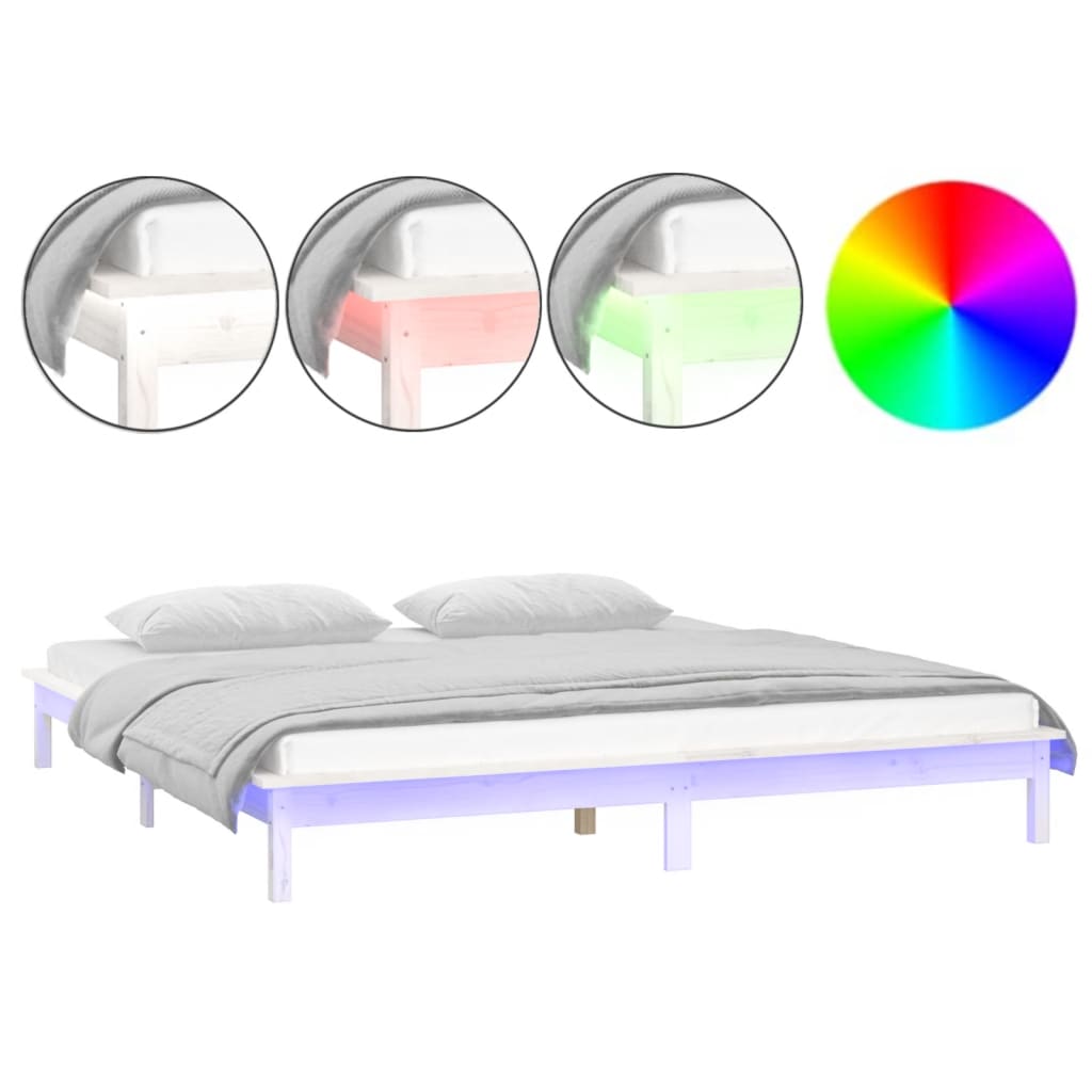 LED Bed Frame without Mattress White 135x190 cm Double Solid Wood