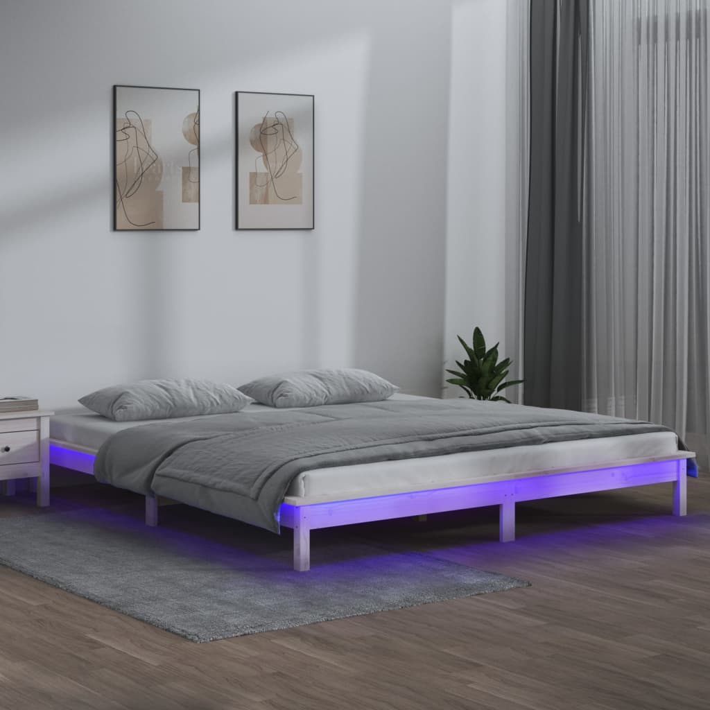 LED Bed Frame without Mattress White 135x190 cm Double Solid Wood