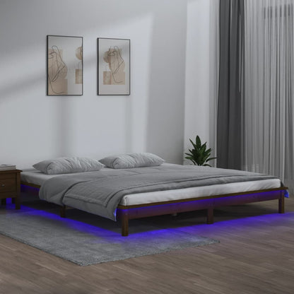 LED Bed Frame Honey Brown 140x190 cm Solid Wood