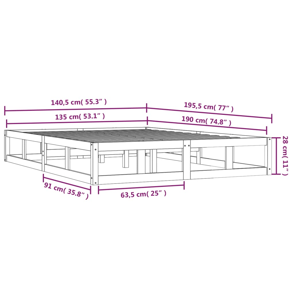 Bed Frame White 135x190 cm Double Solid Wood