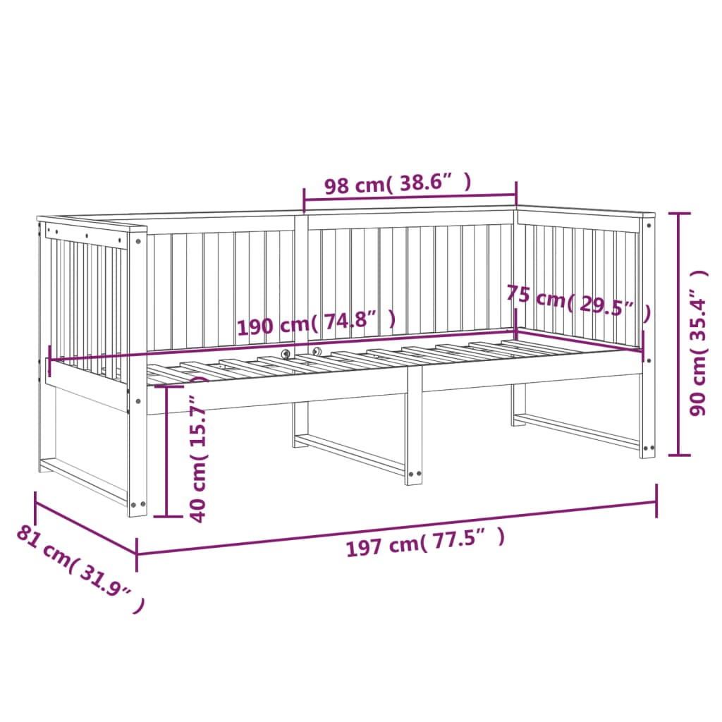 Day Bed without Mattress Grey 75x190 cm Small Single Solid Wood Pine