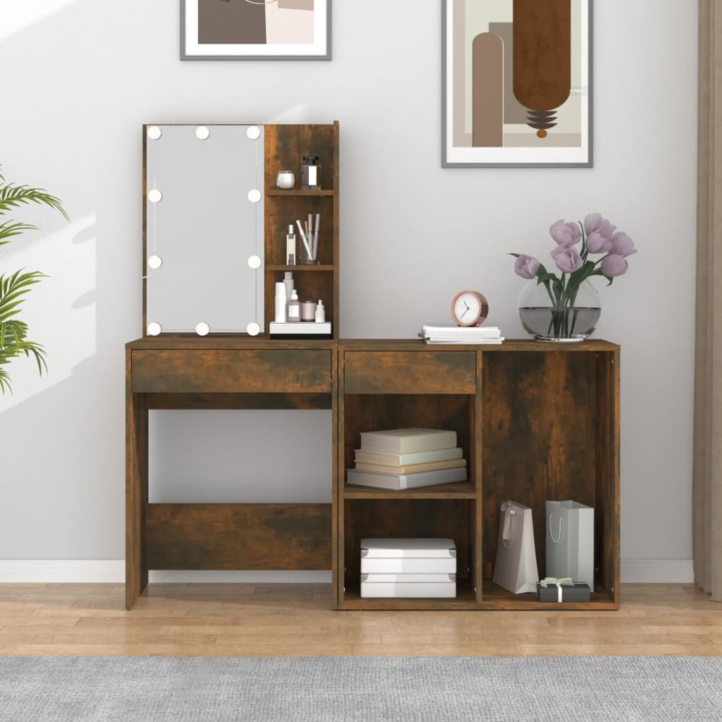 LED Dressing Table with Cabinet Smoked Oak Engineered Wood