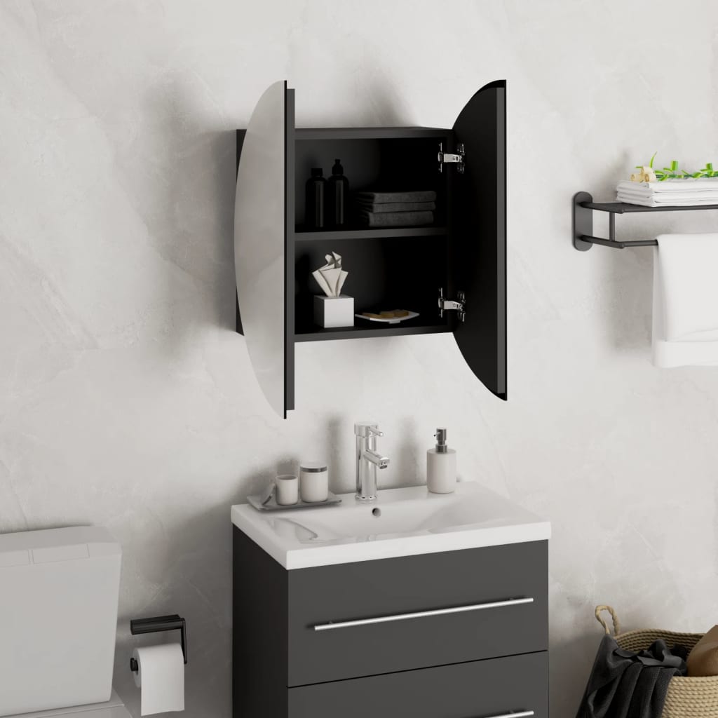 Bathroom Cabinet with Round Mirror&LED Black 40x40x17.5 cm