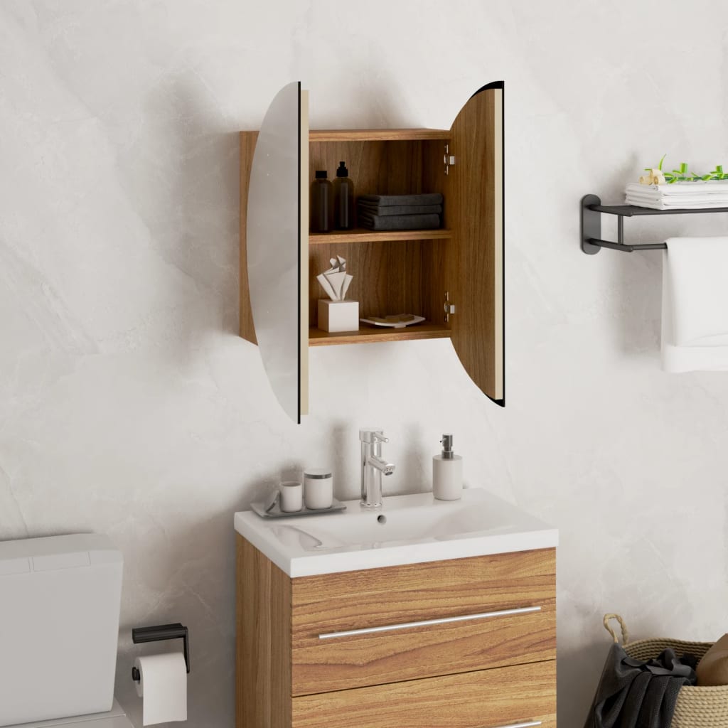 Bathroom Cabinet with Round Mirror&LED Oak 40x40x17.5 cm